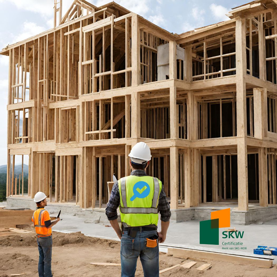 Stralende huiseigenaar voor zijn nieuwe woning, omringd door symbolen van garantie en zekerheid, belichaamd in het SWK waarborgcertificaat. Bouwinspecteurs voeren een inspectie uit, waarbij professionaliteit en vertrouwen samenkomen. Krijg gemoedsrust met Bouwinspecties.com - jouw betrouwbare partner in woninginspecties